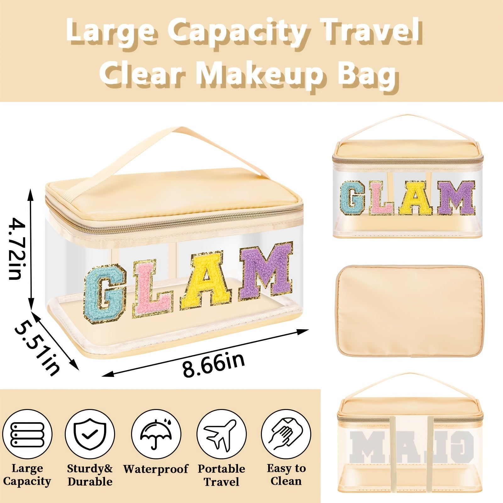 Chenille Letter Clear Makeup Bag Waterproof Glitter Cosmetic Handbag