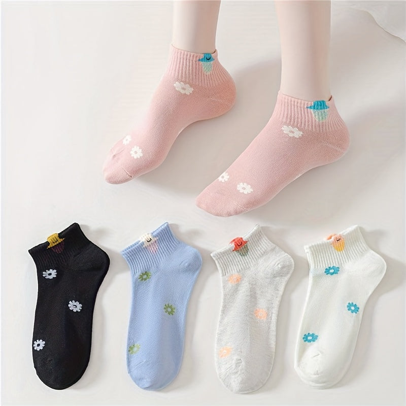 5 Pairs Floral Print Short Socks Women's Stockings & Hosiery