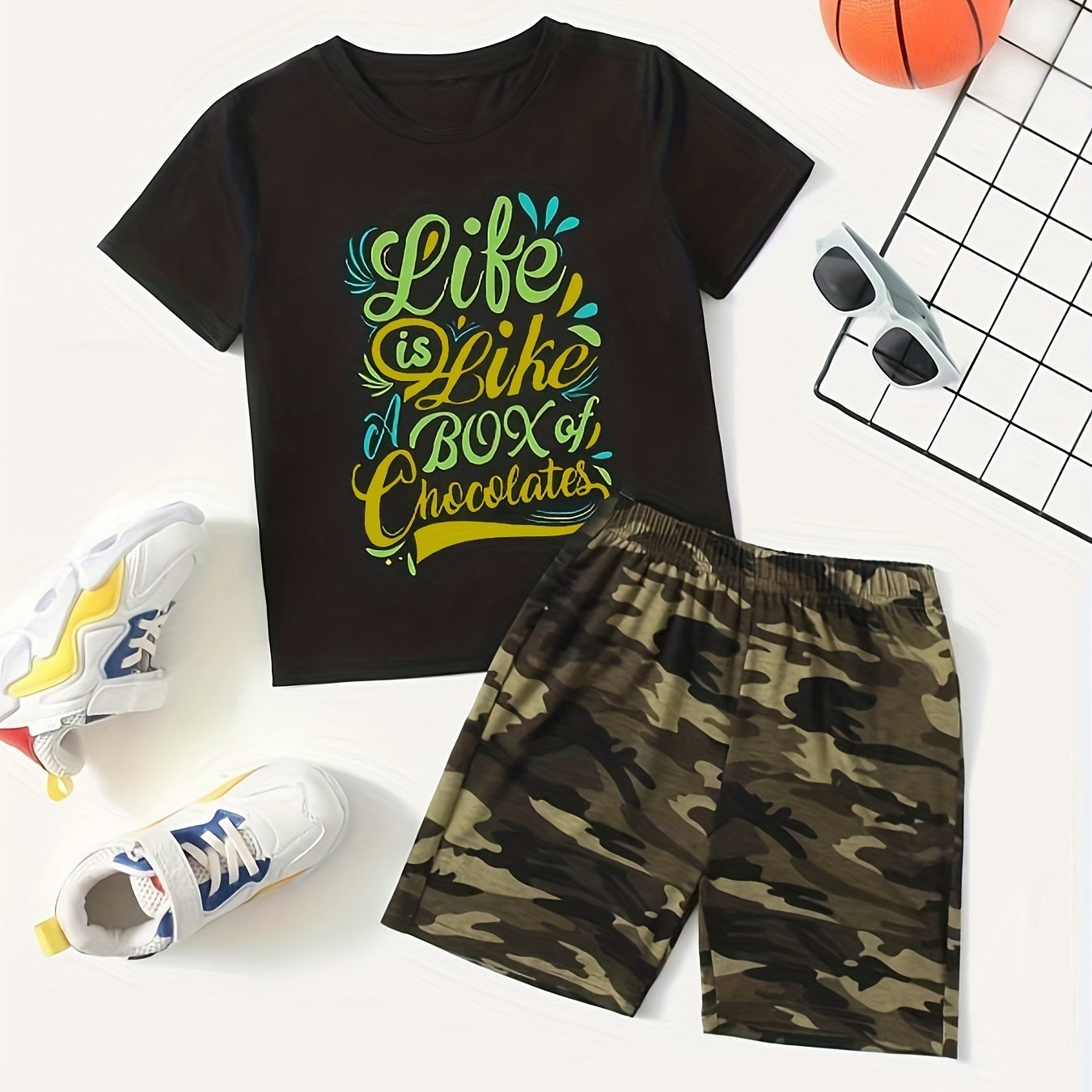 Boys Colorful Chocolates T-shirt & Camo Shorts Set