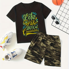 Boys Colorful Chocolates T-shirt & Camo Shorts Set