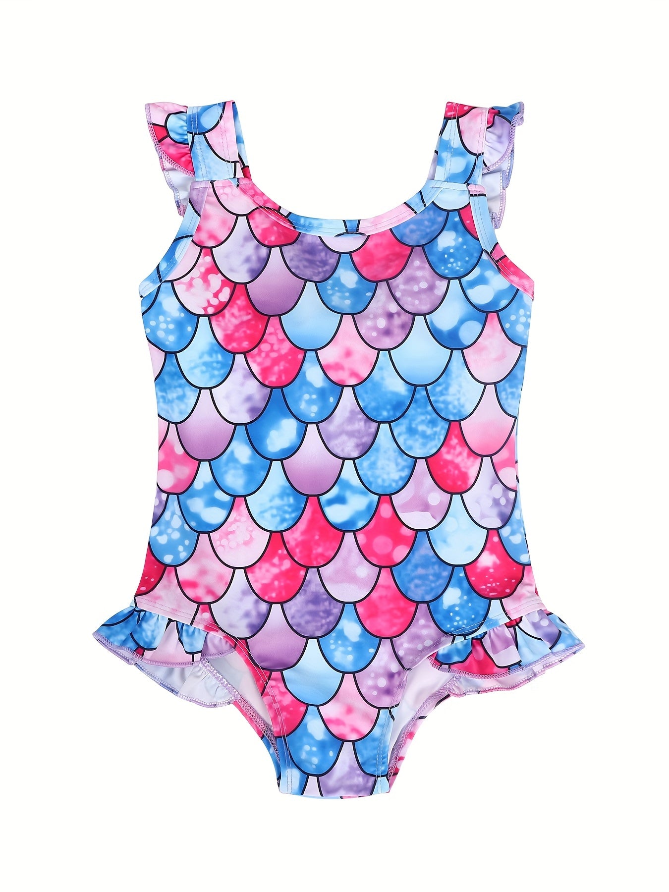 Girls Mermaid Fish Scale Print One Piece Swimsuit Sleeveless Camisole Dress