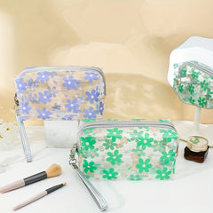 Floral Pattern PVC Makeup Bag Clear Cosmetic Bag With Wrist Strap