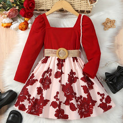 Floral Print Long Sleeve Dress with Belt for Toddler Girls