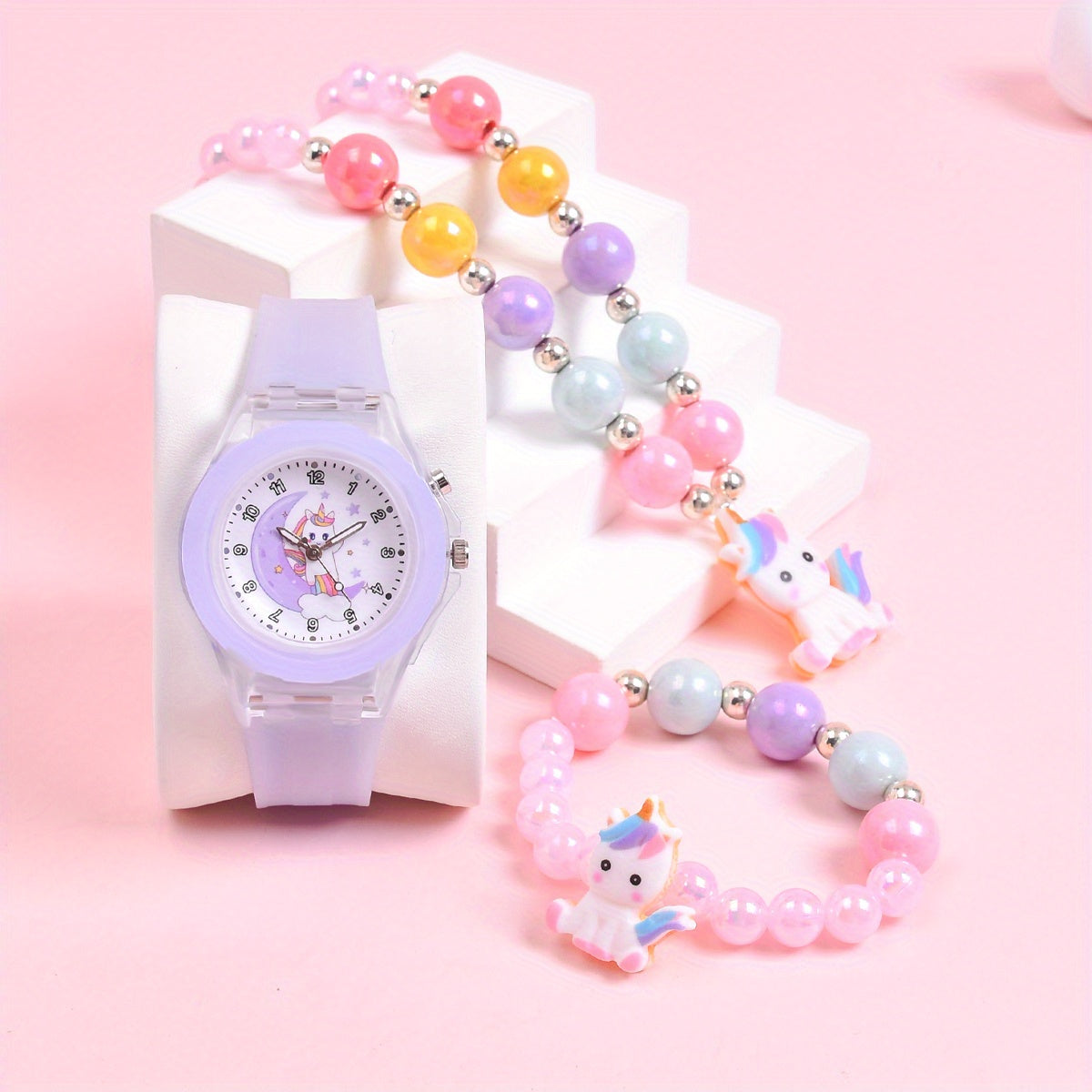 3pcs Girls' Magical Watch and Jewelry Set with Rainbow Beads Glowing Heart Charm