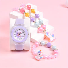 3pcs Girls' Magical Watch and Jewelry Set with Rainbow Beads Glowing Heart Charm