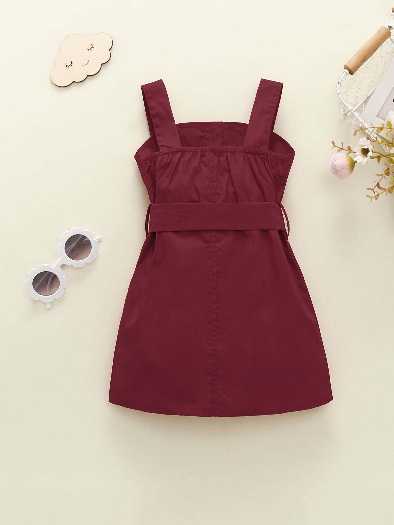 Girls Casual Button Up Cami Dress With Bow Belt