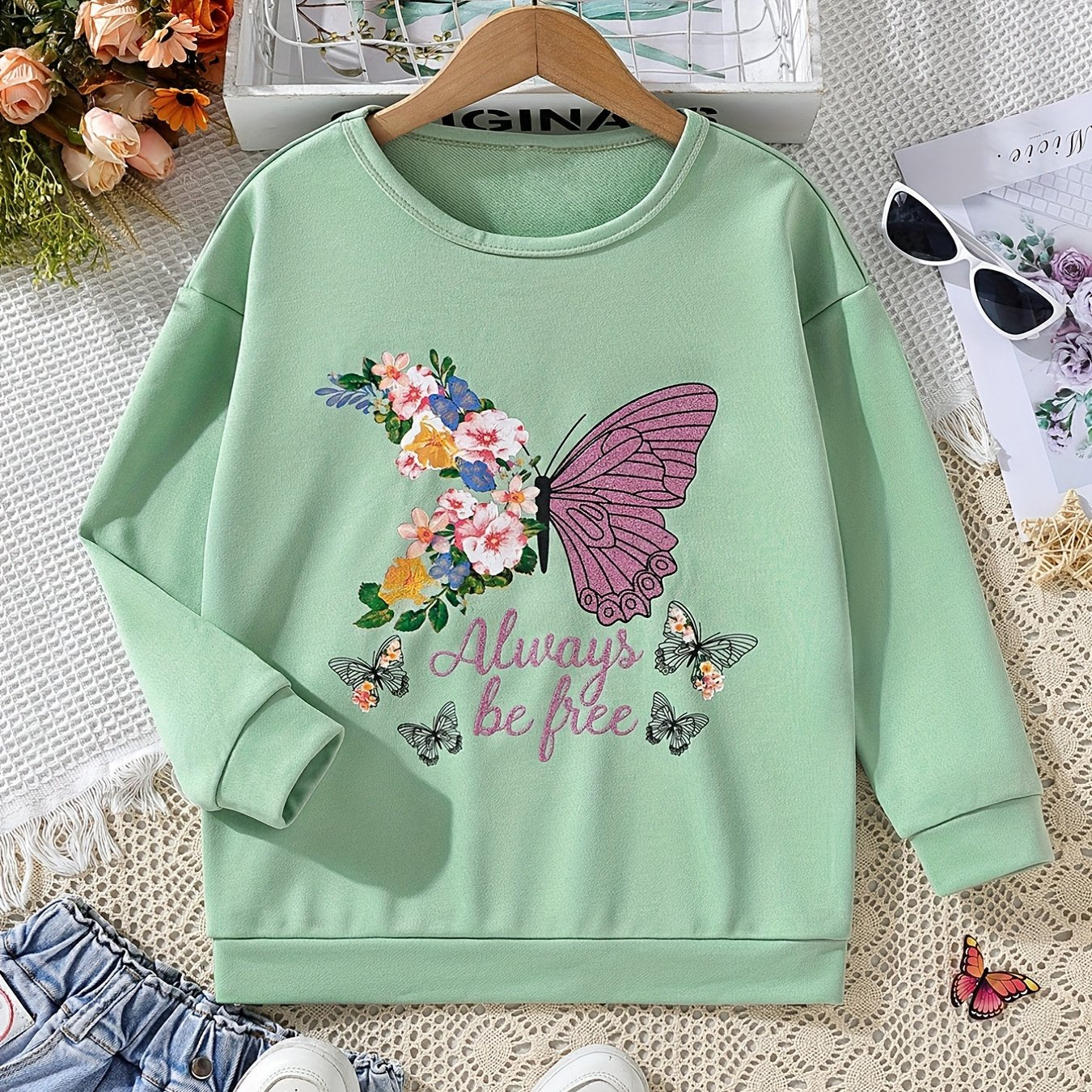 Girls Floral Butterfly Crew Neck Sweatshirt Top Pullover