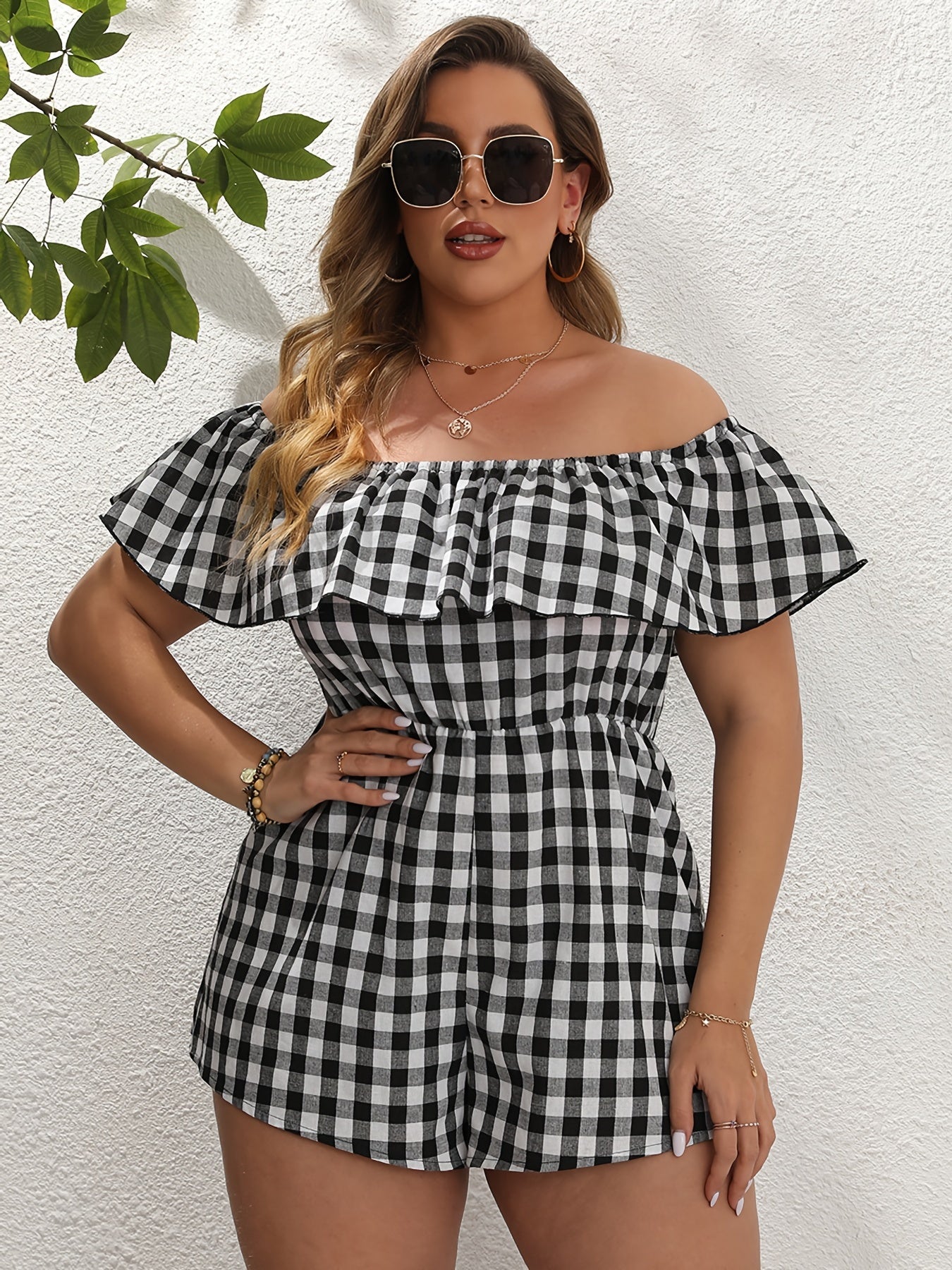 Off Shoulder Ruffle Trim Plaid Pattern Romper