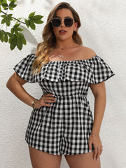 Off Shoulder Ruffle Trim Plaid Pattern Romper
