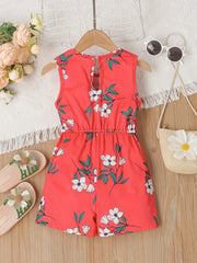 Toddler Girls Flower Print Sleeveless Jumpsuit Shorts With Bow Waist
