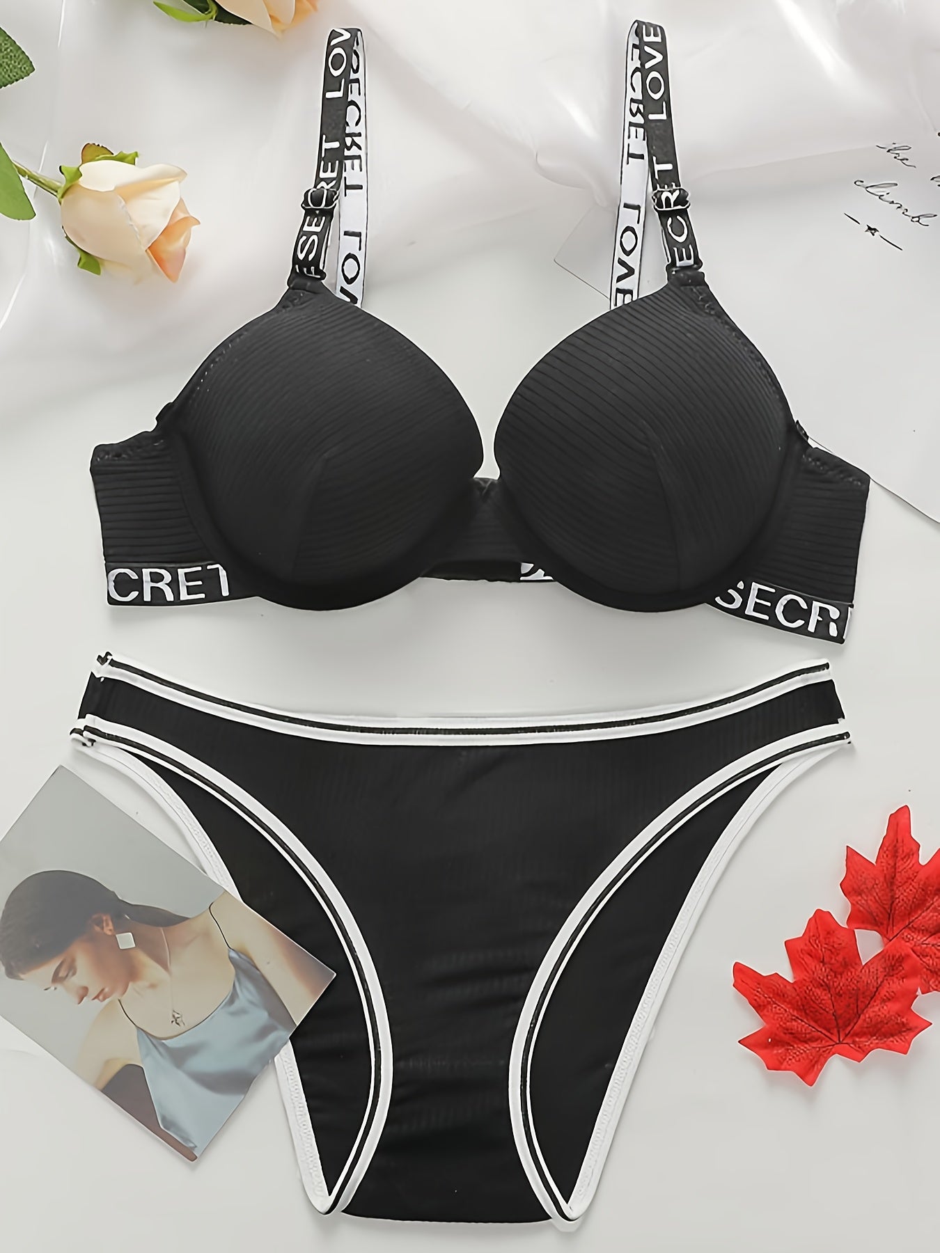 Letter Print Bra & Panties Push Up Bra & Colorblock Panties Set