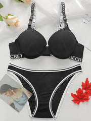 Letter Print Bra & Panties Push Up Bra & Colorblock Panties Set