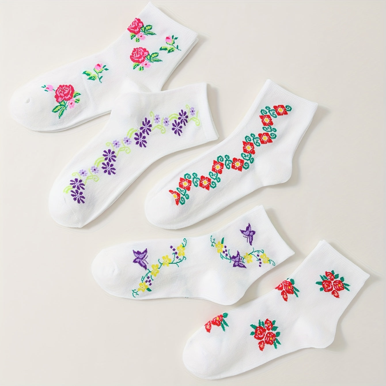 5 Pairs Floral Print Socks Mid Tube Women's Stockings