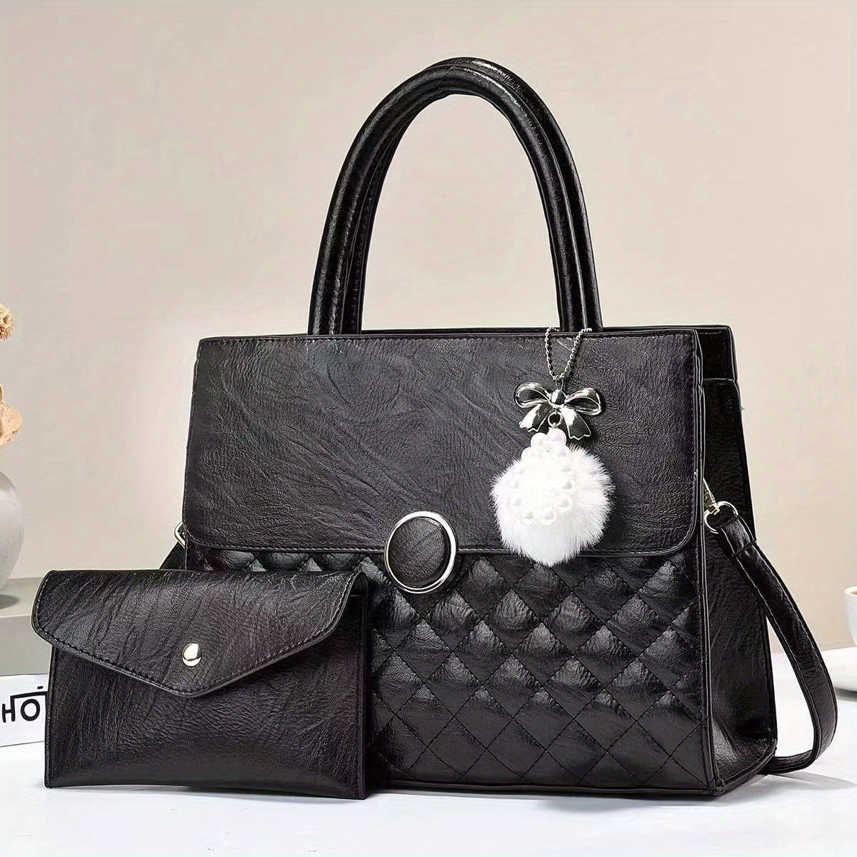 Quilted Tote Satchel Bag PU Leather Textured Shoulder Bag