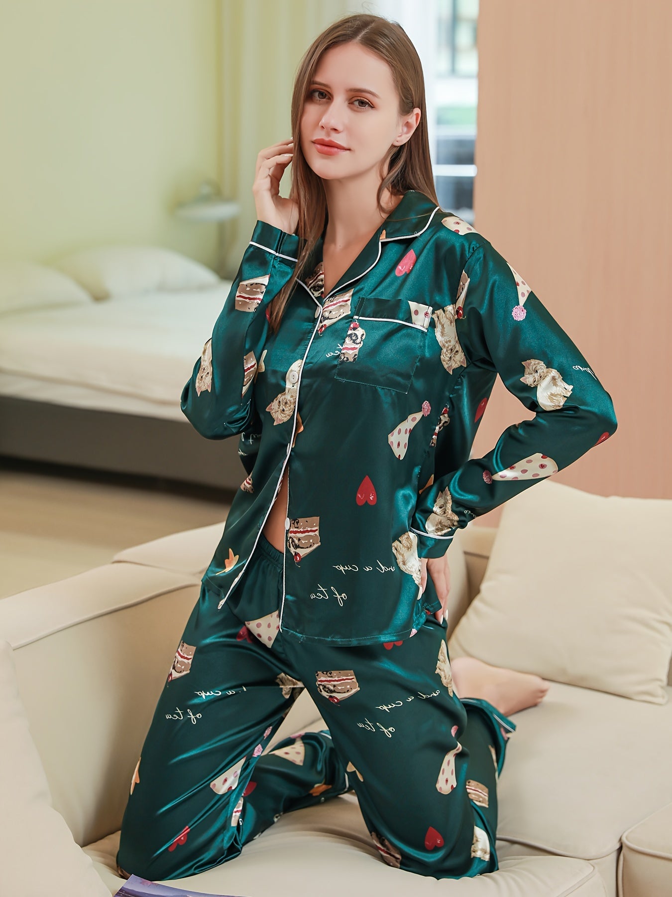 Cartoon Print Pajama Set Long Sleeve Buttons Top & Elastic Waistband Pants