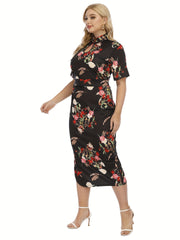 Women's Plus Floral Print Cut Out Crop Top & Bodycon Skirt Set
