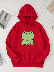 Cartoon Frog Print Hoodie Casual Sweatshirt Women's Clothing
