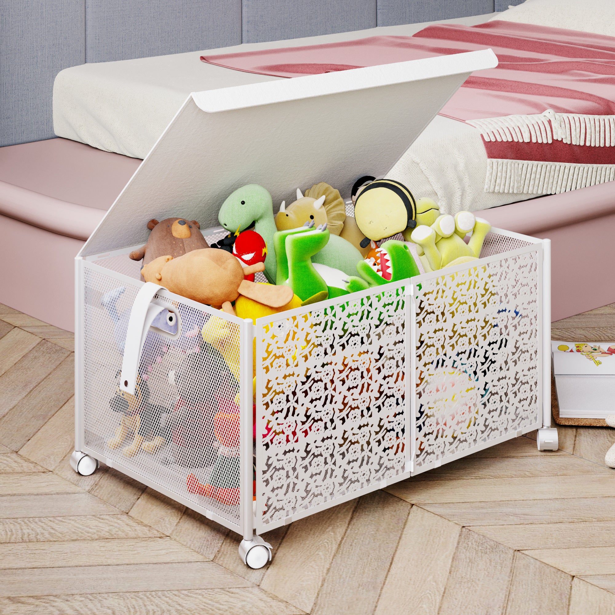 Foldable Oversized Storage Bin Metal Toy Box With Wheels And Lid