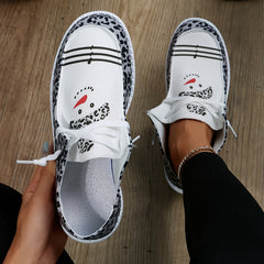 Christmas Snowman Cartoon & Leopard Pattern Canvas Shoes Lightweight Low Top Sne