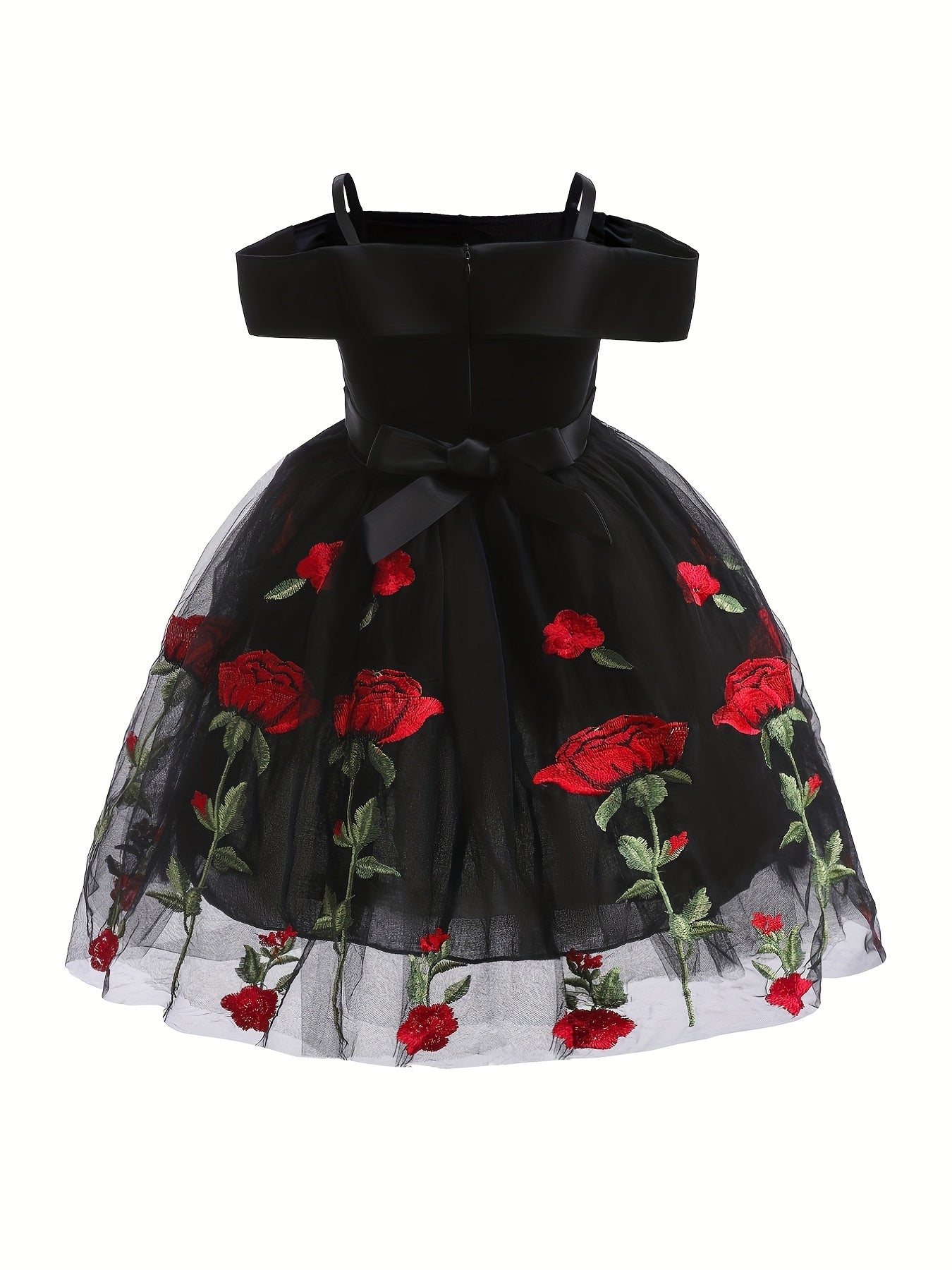 Girls Off Shoulder Princess Dress Flowers Embroidery Bow Mesh Dress