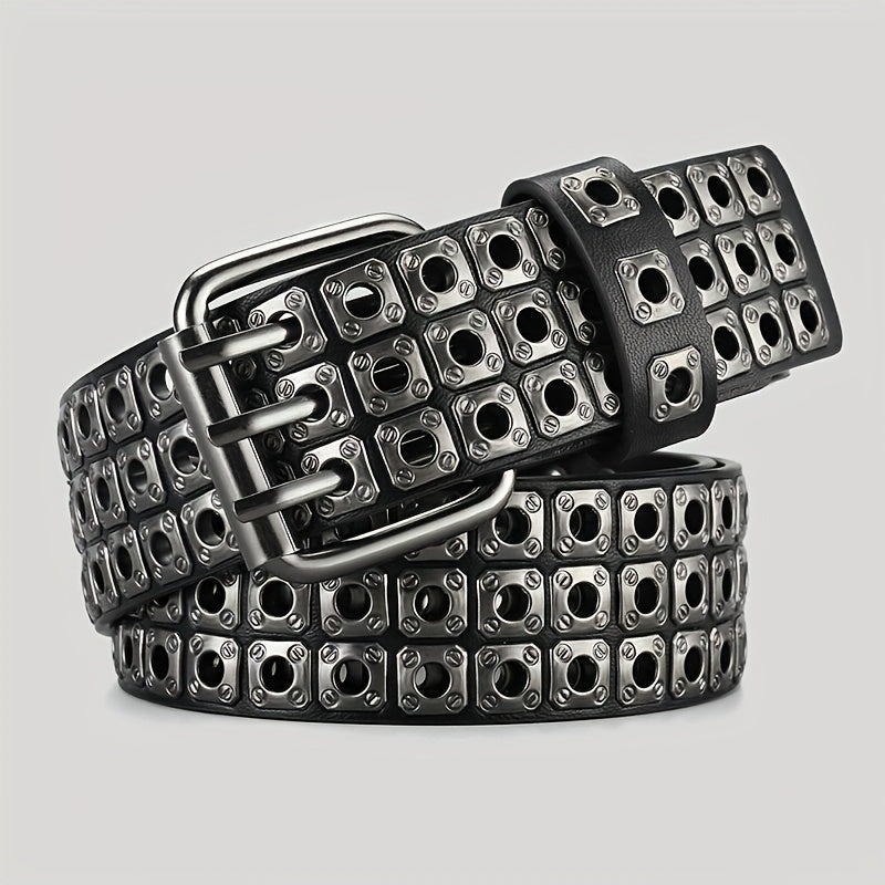 Men's Square Rivet Belt Hip Hop Rock Punk Y2K Style Double Row Pin Buckle Jeans