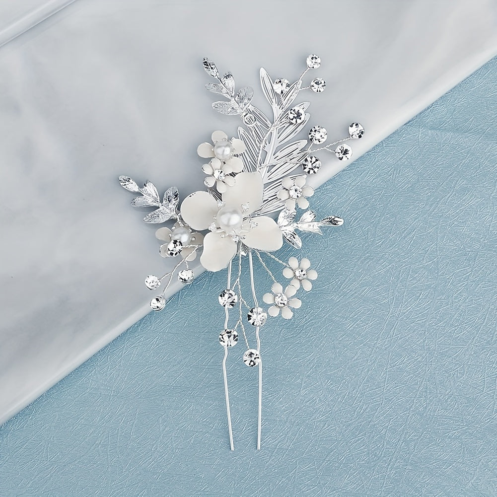 Flower Charm Hair Pin Rhinestone & Pearl Headwear Bridal Wedding Accessory