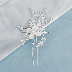 Flower Charm Hair Pin Rhinestone & Pearl Headwear Bridal Wedding Accessory