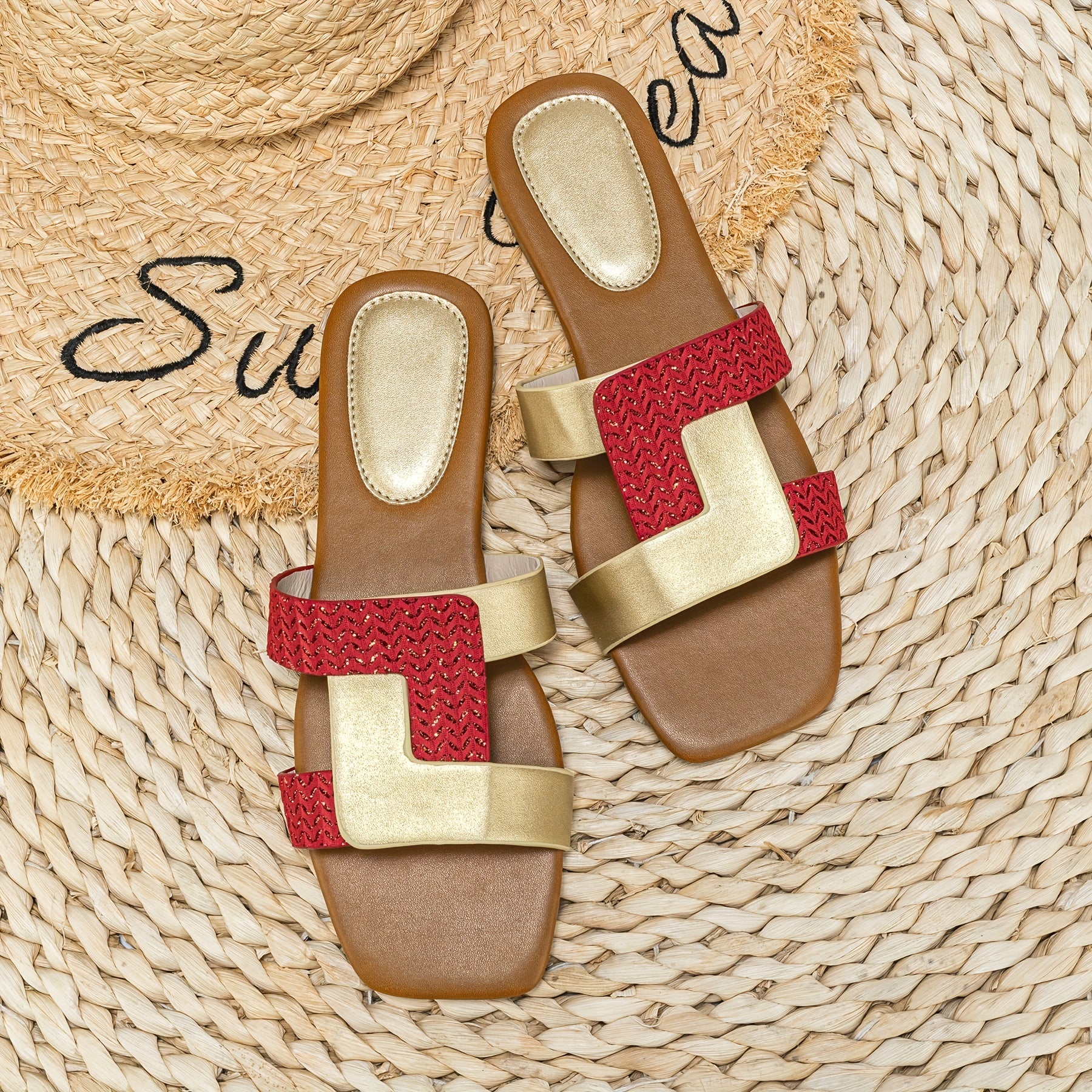 Women's Square Toe Slide Sandals Lightweight Slip On Flat Shoes
