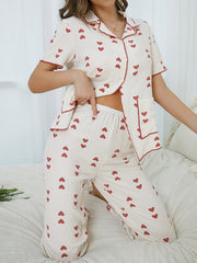 Heart Print Pajama Set Short Sleeve Top & Pants Women's Sleepwear