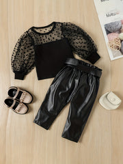 Girls Polka Dot Mesh Puff Sleeve Top & PU Leather Pant Set Spring Clothes