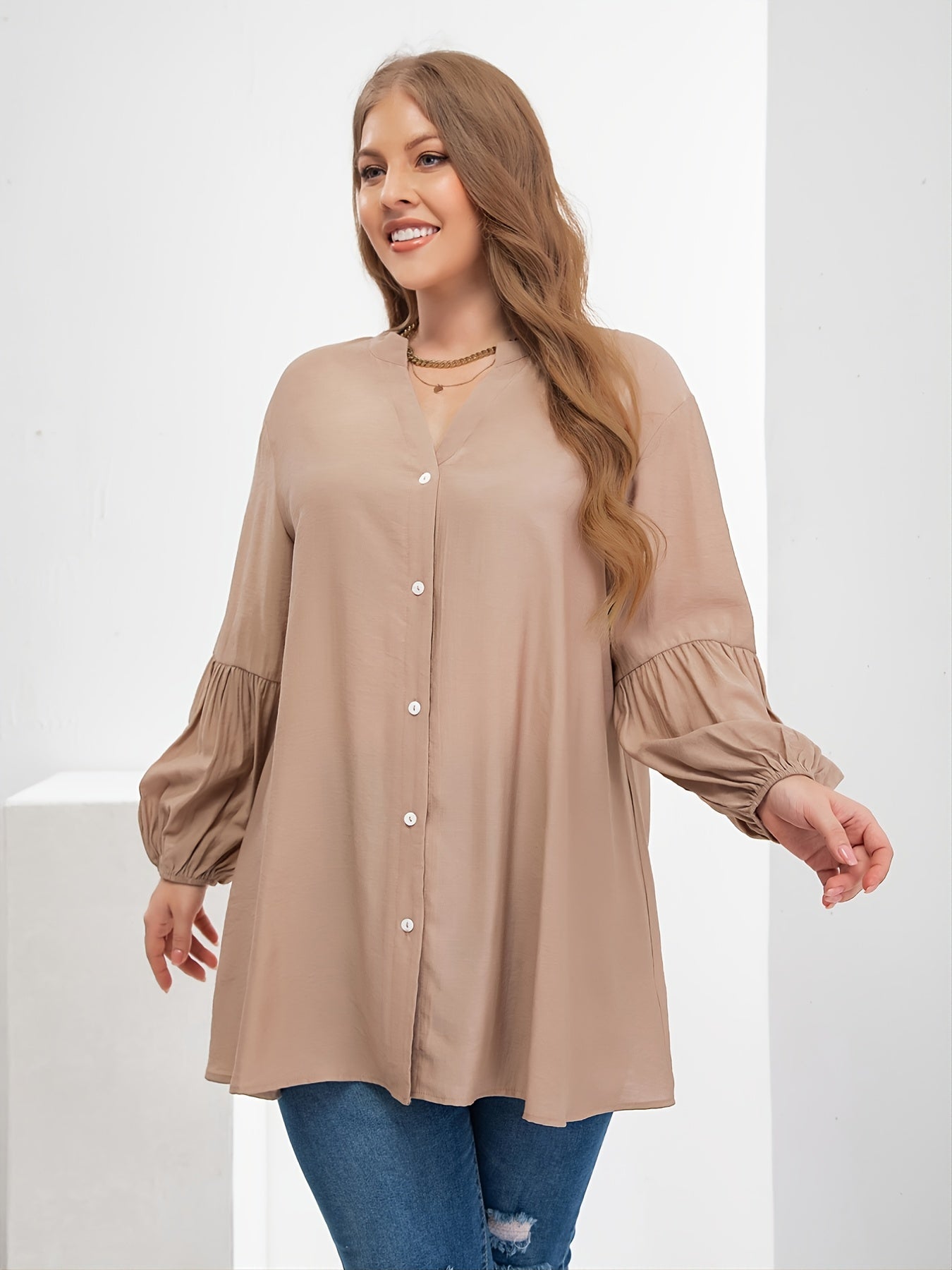 Oversized Tunic Lantern Sleeve Blouse Women's Plus Loose Fit Shirt