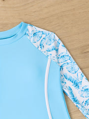 Girls Flower Print Swimsuit 2pc Set Long Sleeve Top & Shorts for Swim Training
