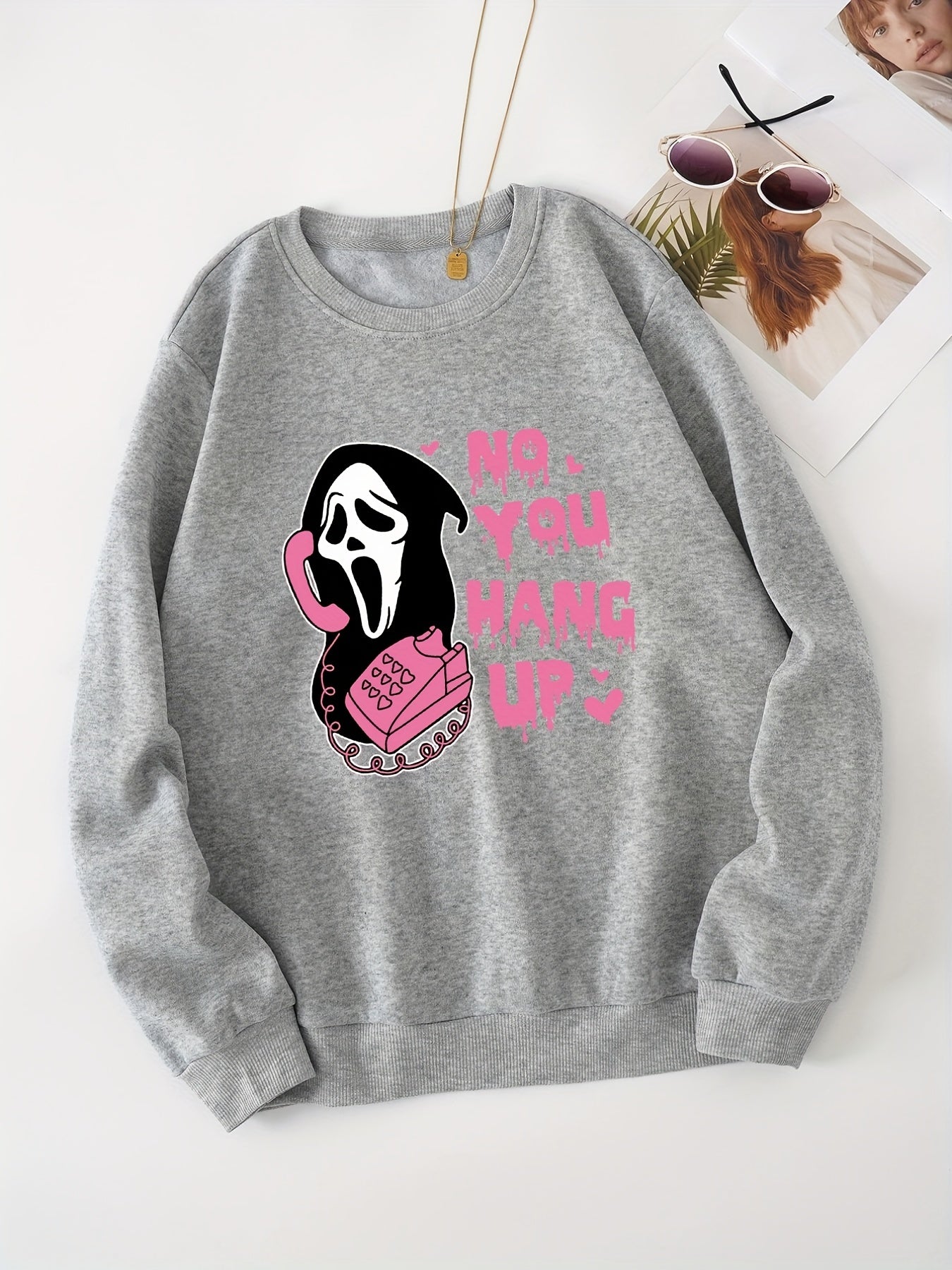 Halloween Elements Print Crew Neck Sweatshirt Long Sleeve Y2K Style