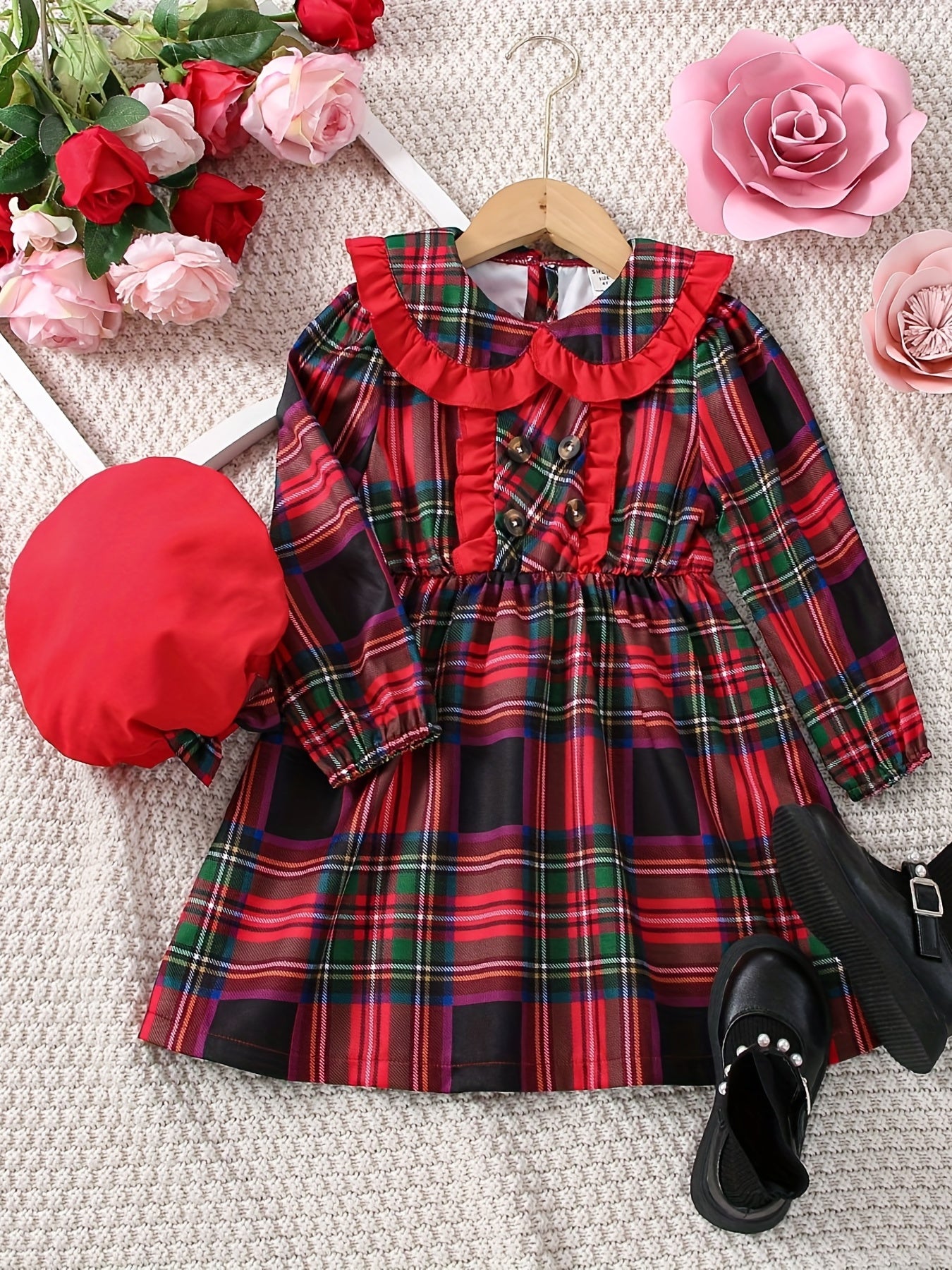 Girls' Collared Plaid Dress & Hat Set for Holiday Outfit
