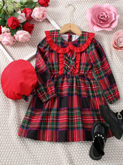 Girls' Collared Plaid Dress & Hat Set for Holiday Outfit
