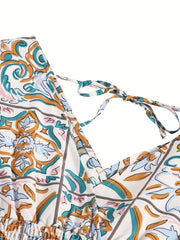 Floral Print Two Piece Set Ruffle Trim V Neck Tops & Elastic Waist Shorts
