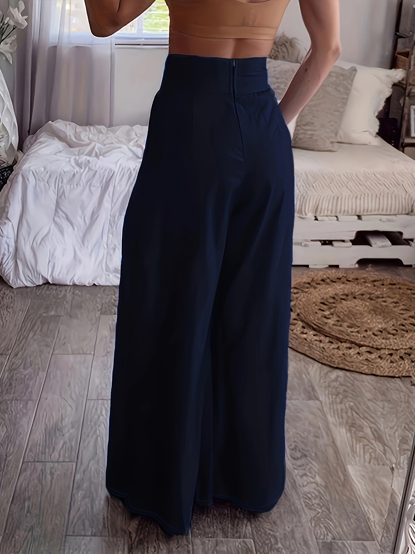 Solid High Rise Wide Leg Trousers