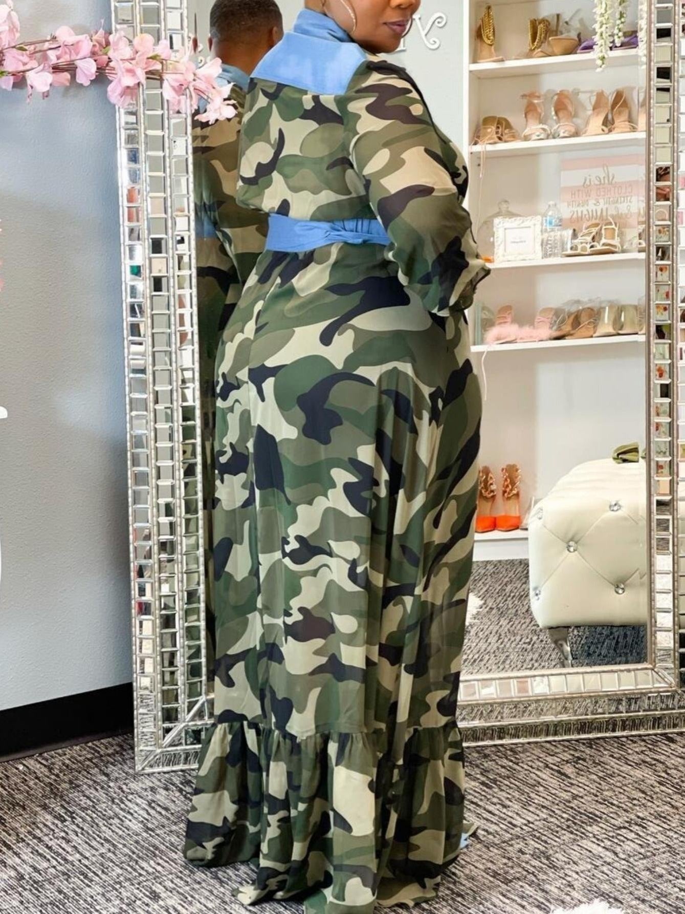 Camo Print Long Sleeve Maxi Shirt Dress