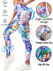 Colorful Block Print Yoga Pants High Stretch Running Workout Fitness Legg