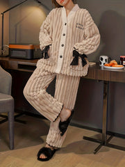 Bow Pajama Set Long Sleeve V Neck Button Top & Pants Sleepwear