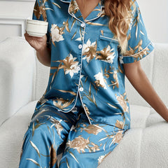 Floral Print Pajamas Set Button Up Blouse & Elastic Waistband Pants