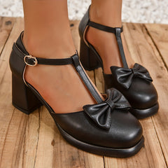 Women's Bowknot Chunky Heel Pumps with Buckle Strap