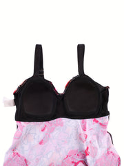 Tie Dye Floral Print V Neck Tankini Top