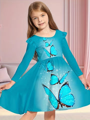 Sweet Girls Butterfly Graphic Long Sleeve Dress Spring Fall
