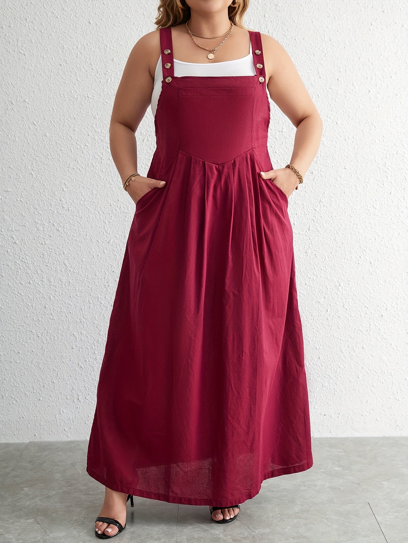 Casual Overall Dress Solid Button Maxi Overall Dress With Pockets