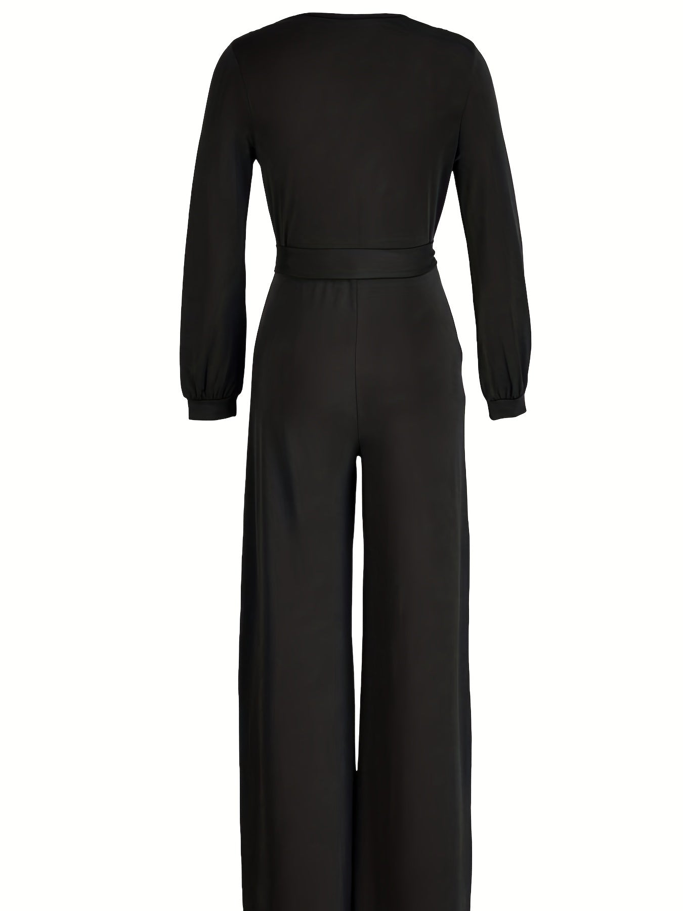 Surplice Neck Belted Wide Leg Jumpsuit Long Sleeve Jumpsuit