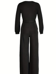 Surplice Neck Belted Wide Leg Jumpsuit Long Sleeve Jumpsuit