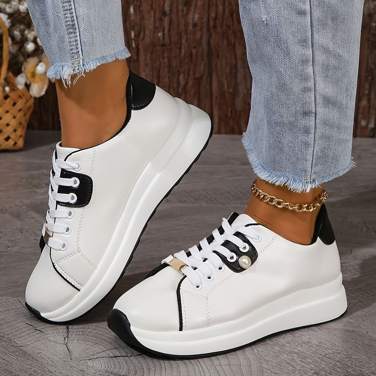 Pearl & Metal Decor Thick Sole Skate Shoes