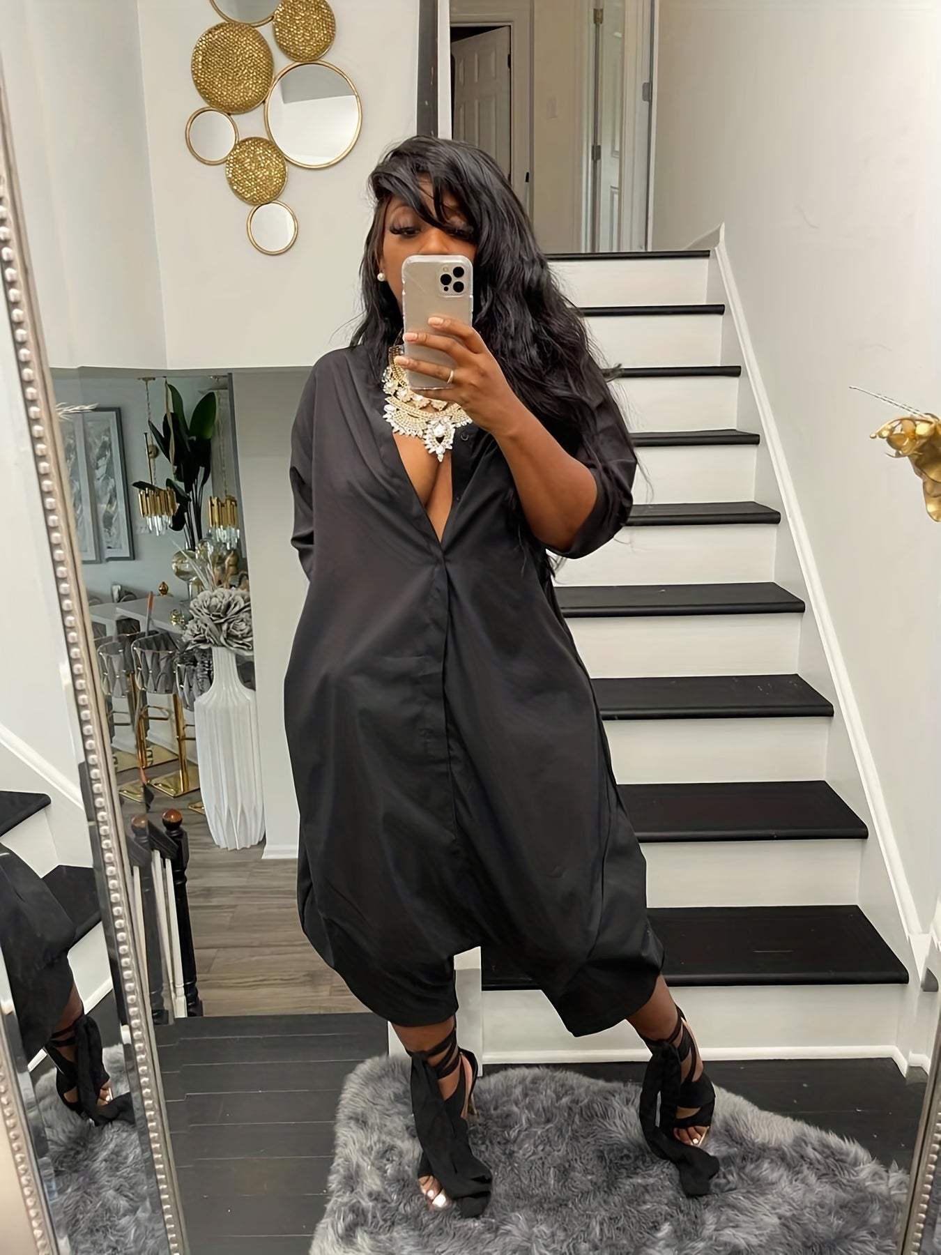 Solid Harem Jumpsuit Button Front Casual Short Sleeve