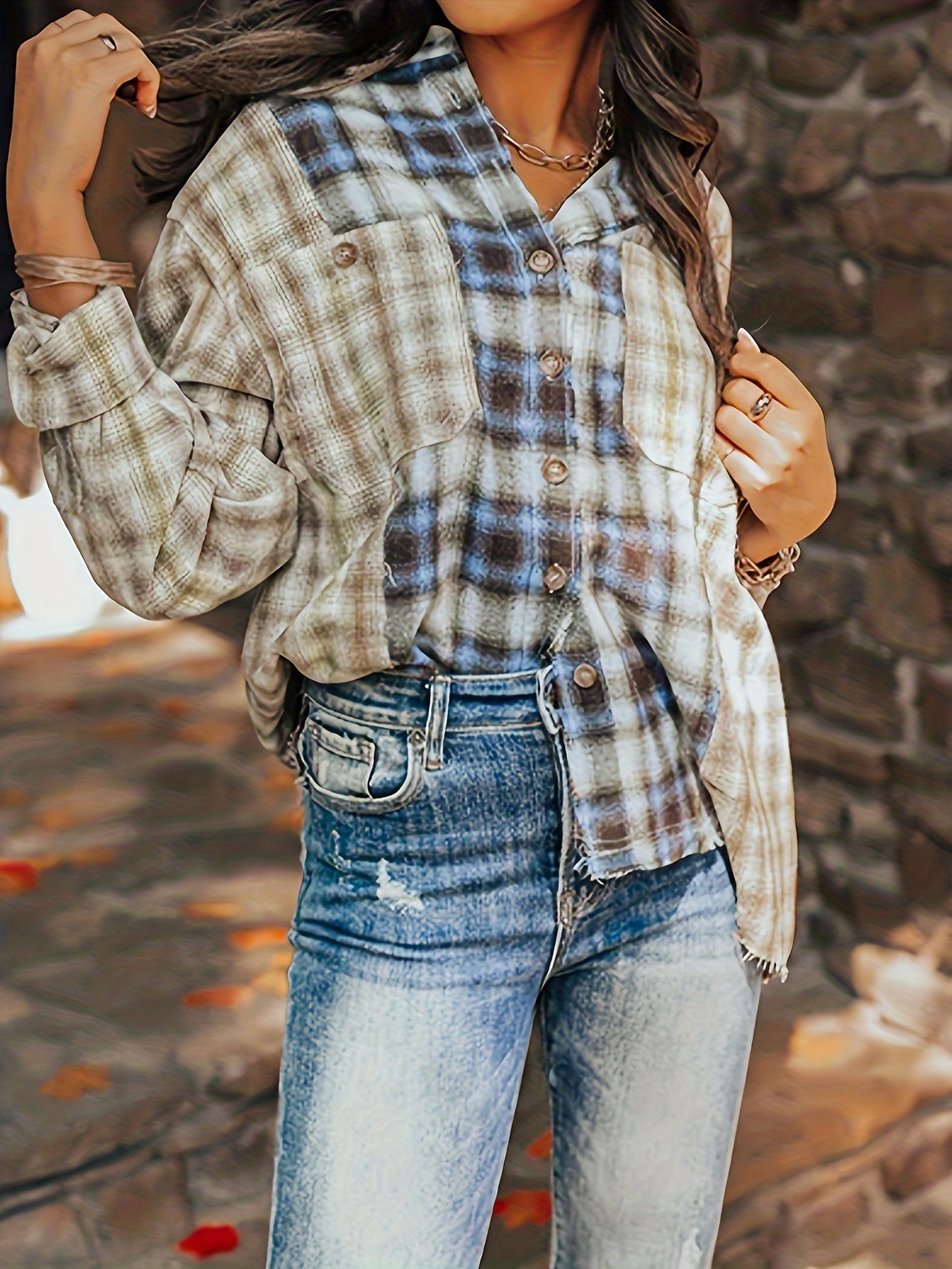 Plaid Print Sports Shirt Long Sleeves Loose Button Pocket Tops